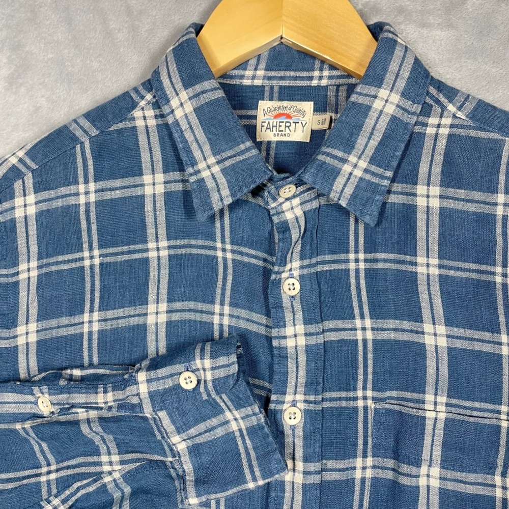 Faherty Brand Mens Blue White Plaid 100% Linen Button Down Shirt MWU2102 Small